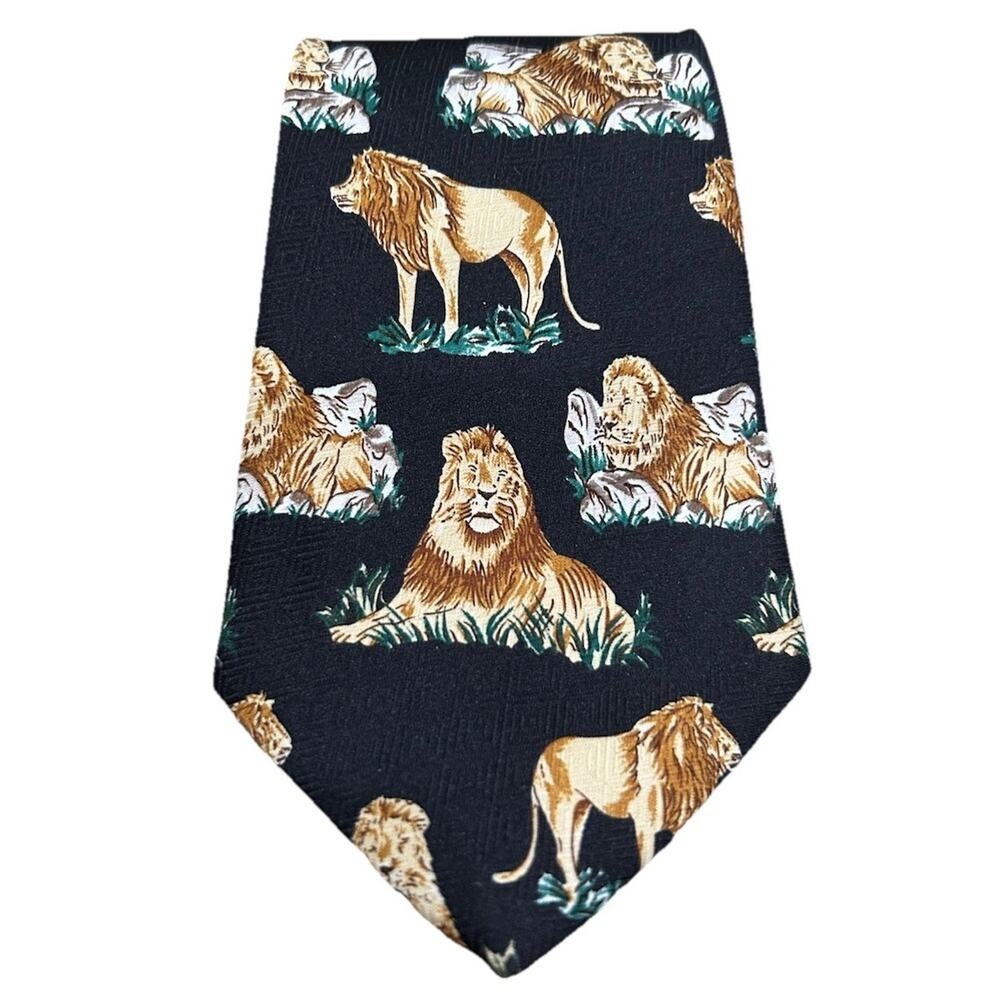 Vtg A. Rogers Lion‎ Print Handmade Men’s Tie Black 4” Polyester Safari Novelty